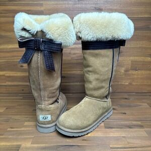 Ugg Boots Womens Size 7 Genevieve Tall Boot Bow‎ Leather & Sheepskin